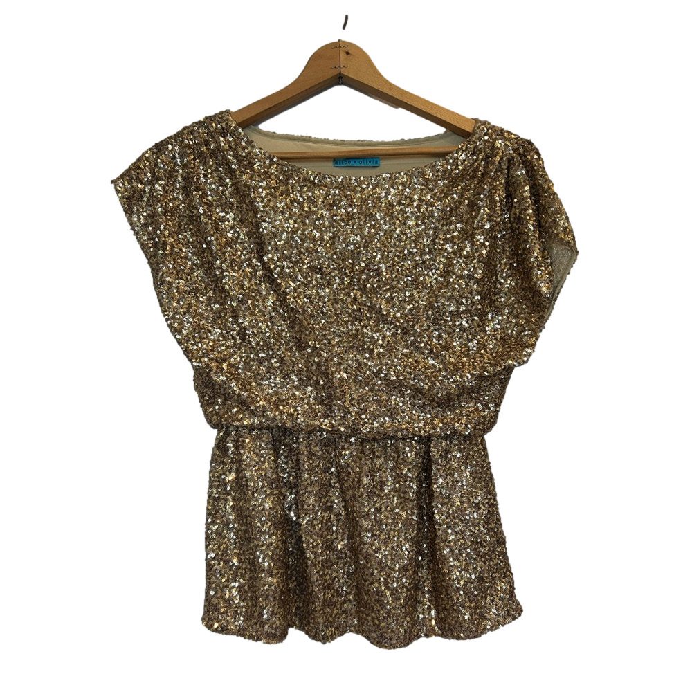 Alice + Olivia Barret Gold Sequin Cinched Short Sleeve Party Top mob wife S